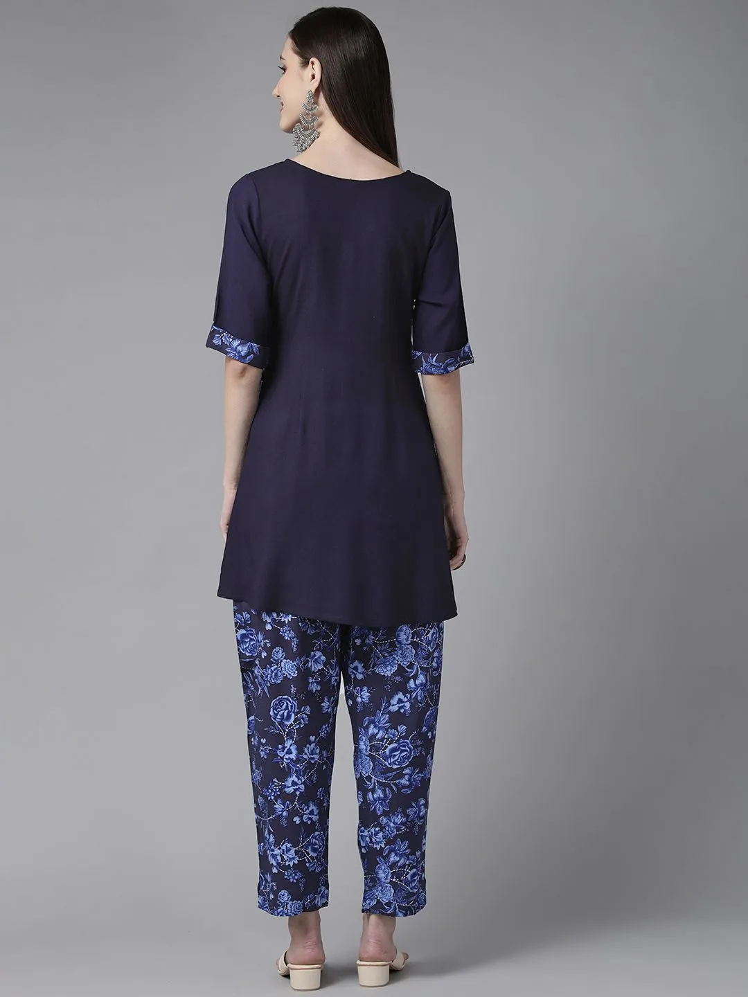 Navy Blue Rayon Wax Printed Angrakha Gotta Patti Tunic With Trousers