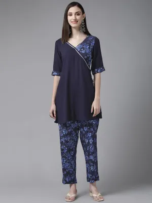 Navy Blue Rayon Wax Printed Angrakha Gotta Patti Tunic With Trousers