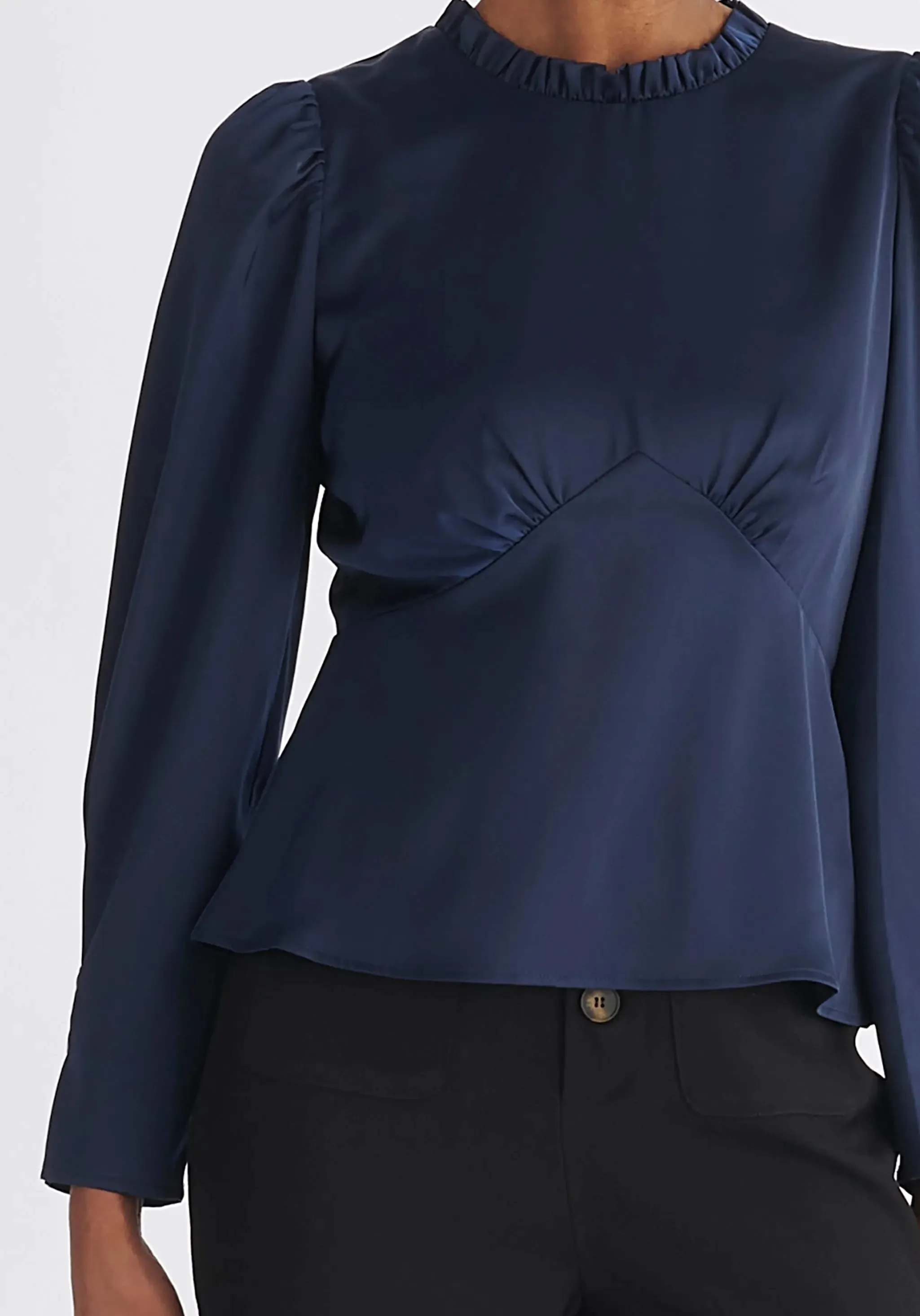 Navy Pleated Collar Satin Blouse