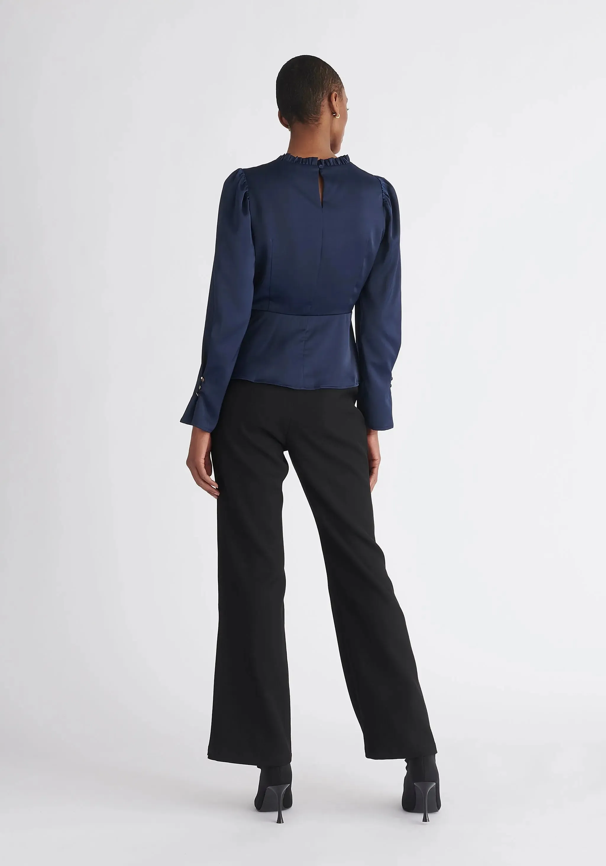 Navy Pleated Collar Satin Blouse