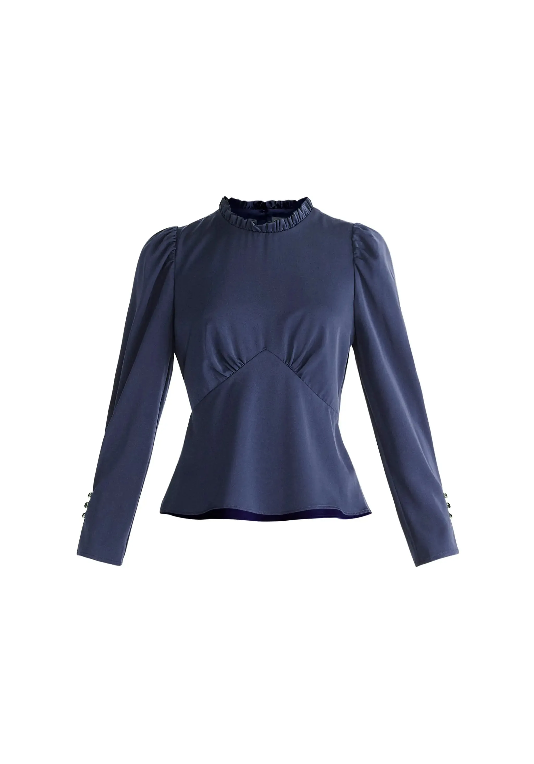 Navy Pleated Collar Satin Blouse