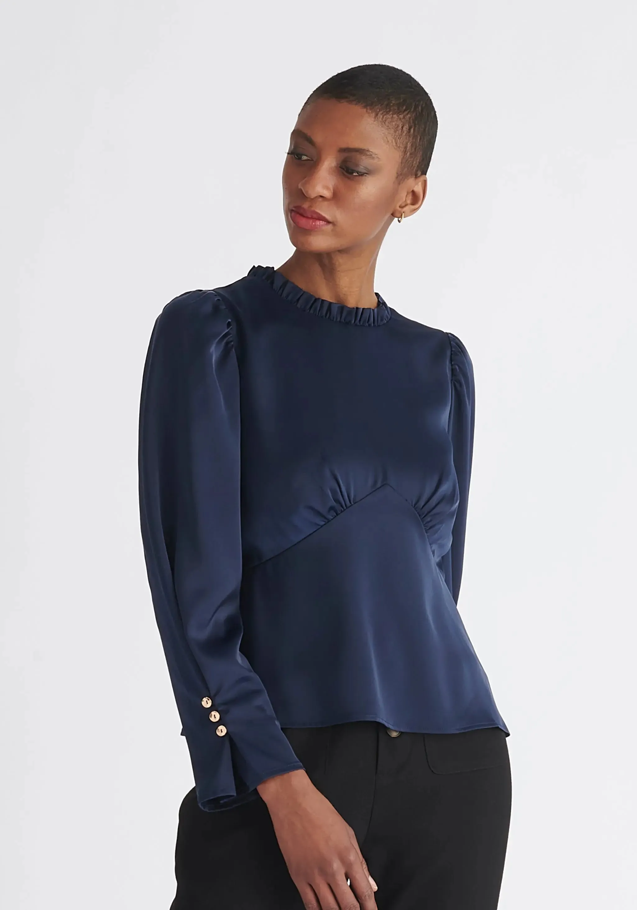 Navy Pleated Collar Satin Blouse