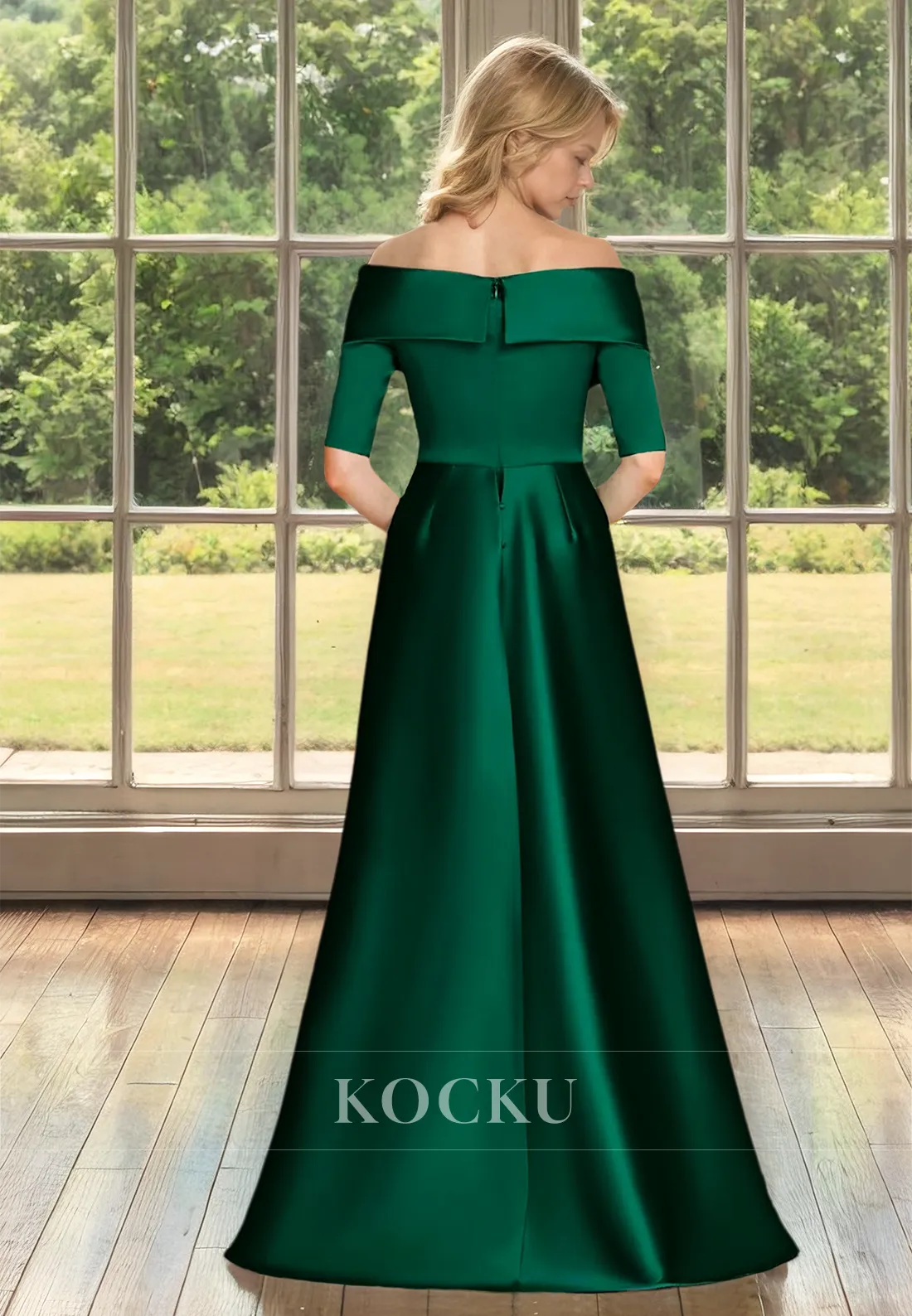 Off-Shoulder Half Sleeves A-Line Floor-Length Ruched Satin Mother of Groom Cocktail Dress