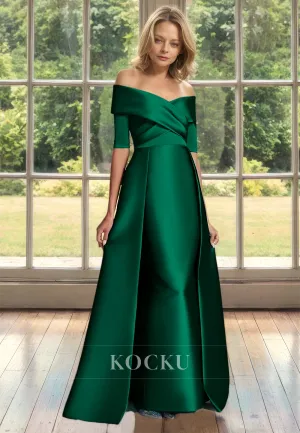 Off-Shoulder Half Sleeves A-Line Floor-Length Ruched Satin Mother of Groom Cocktail Dress