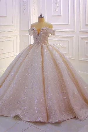 Off the shoulder Champange Puffy ball Gown Sparkle Wedding Dress