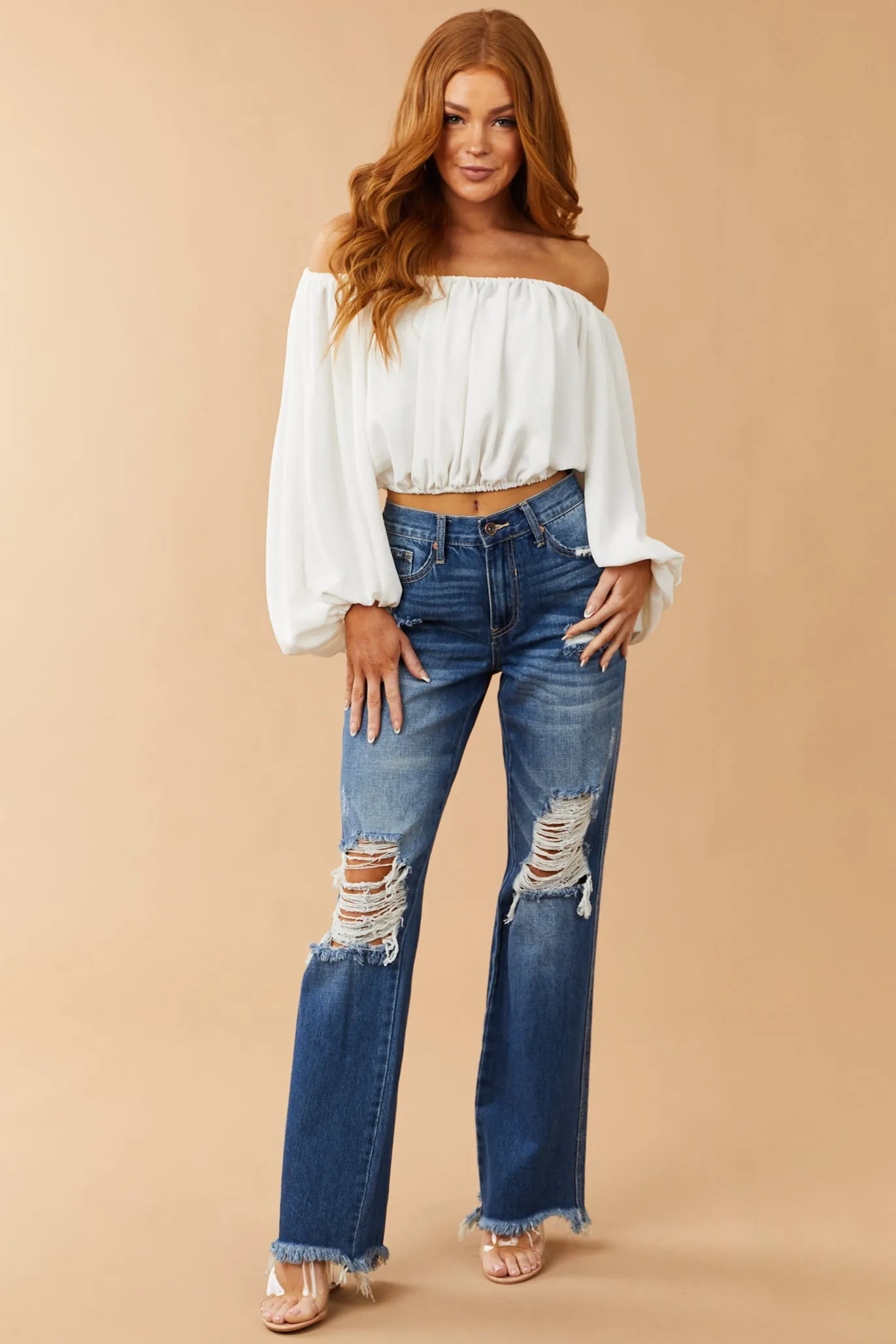 Off White Off Shoulder Bubble Sleeve Blouse