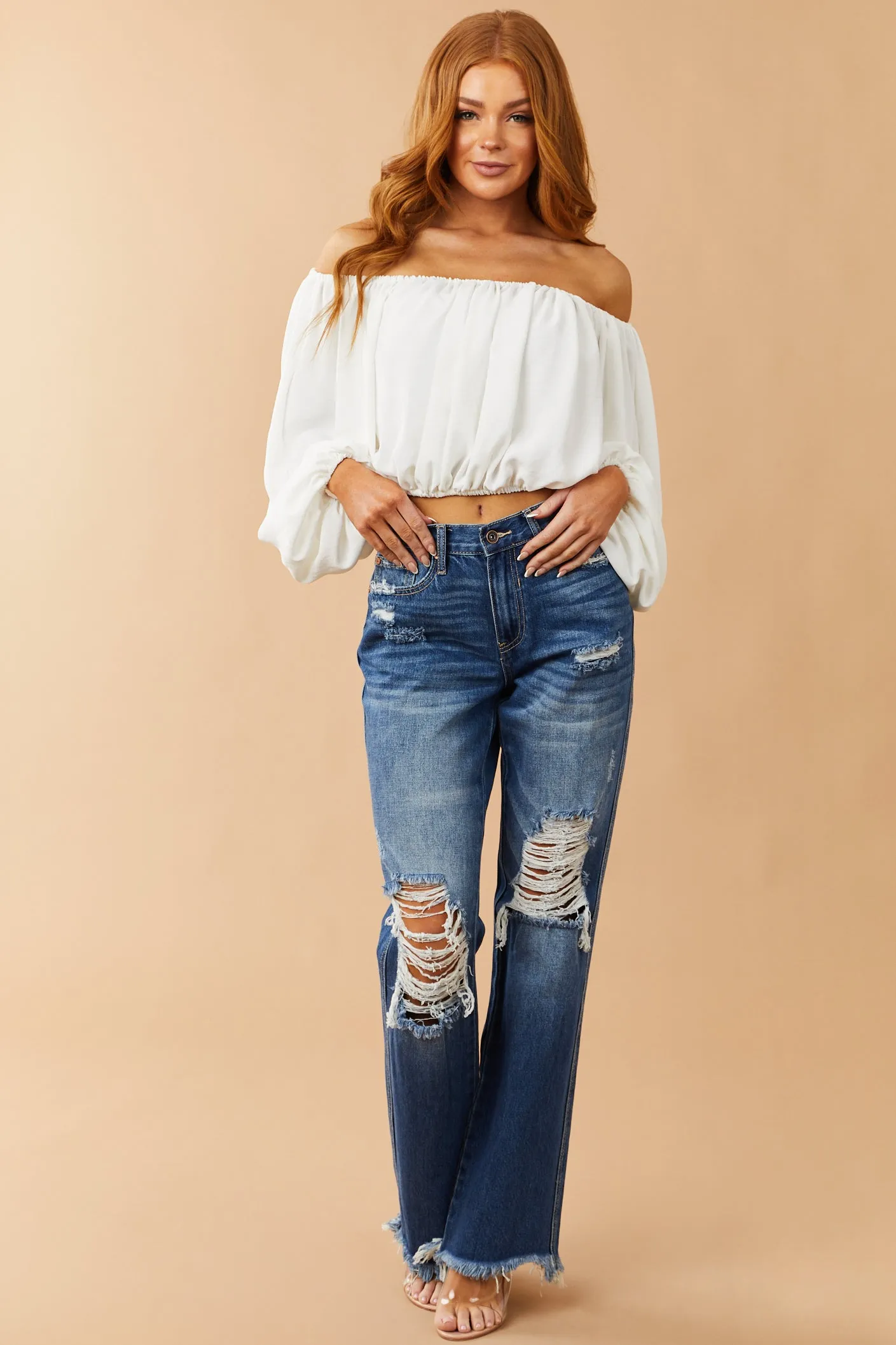 Off White Off Shoulder Bubble Sleeve Blouse