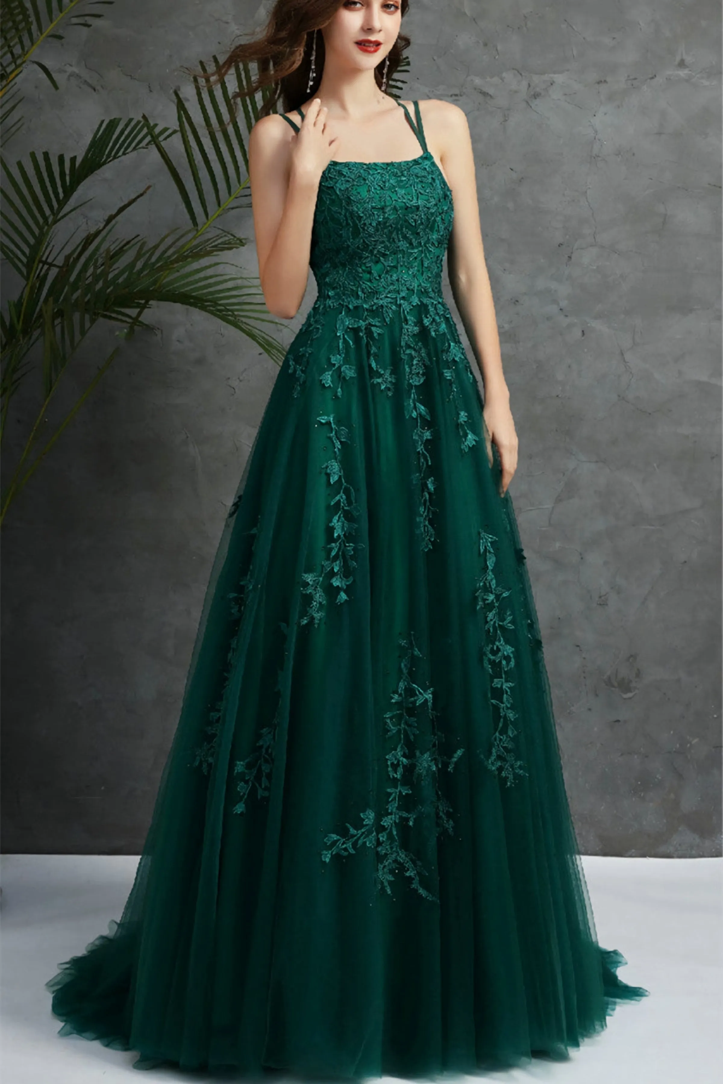 Open Back Dark Green Tulle Lace Long Evening Dress, Dark Green Lace Formal Dresses