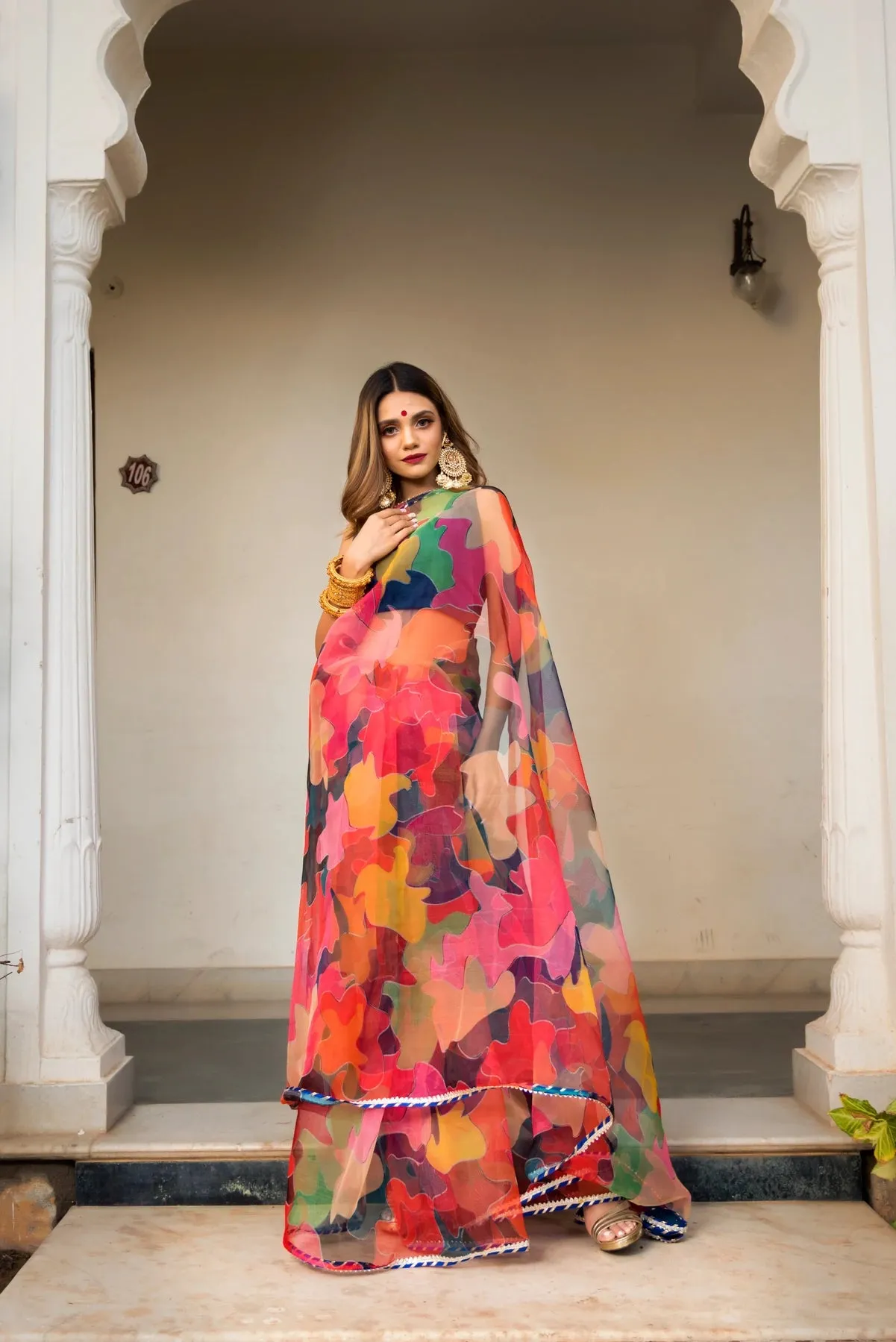 Organza Multi Color Saree with Taffeta Blouse