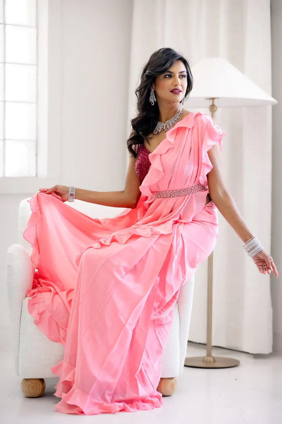 Pastel Pink Sari with Attached Ruffled Dupatta and Sequin Choli