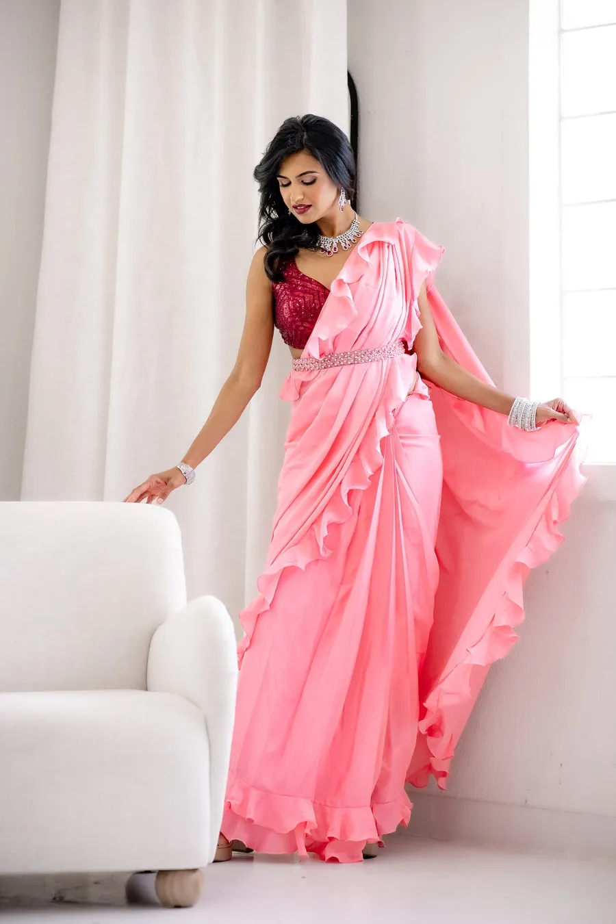 Pastel Pink Sari with Attached Ruffled Dupatta and Sequin Choli