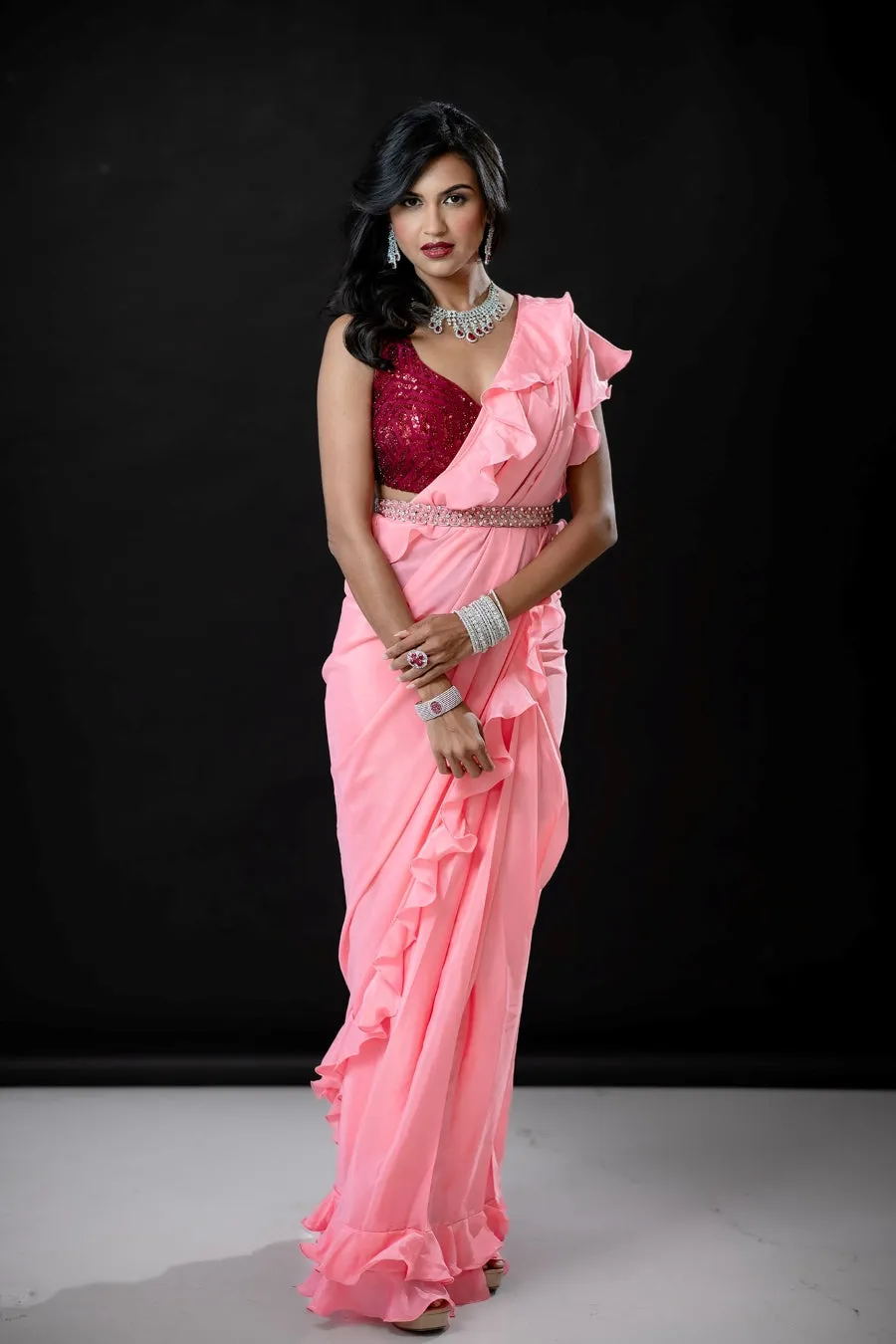 Pastel Pink Sari with Attached Ruffled Dupatta and Sequin Choli