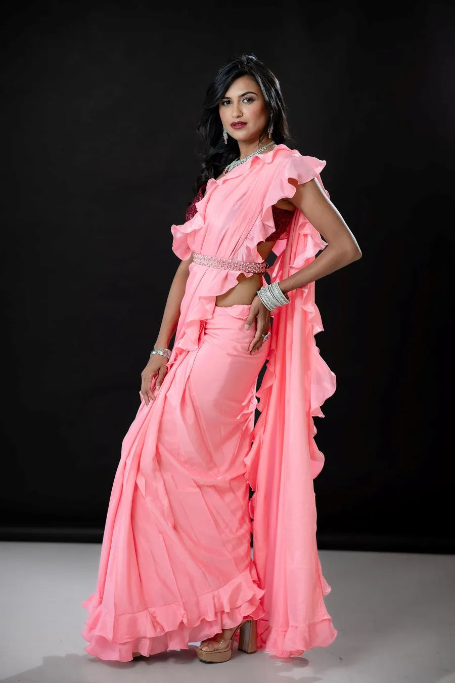 Pastel Pink Sari with Attached Ruffled Dupatta and Sequin Choli