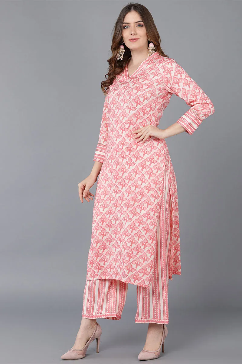 Peach Cotton Blend Straight Suit Set