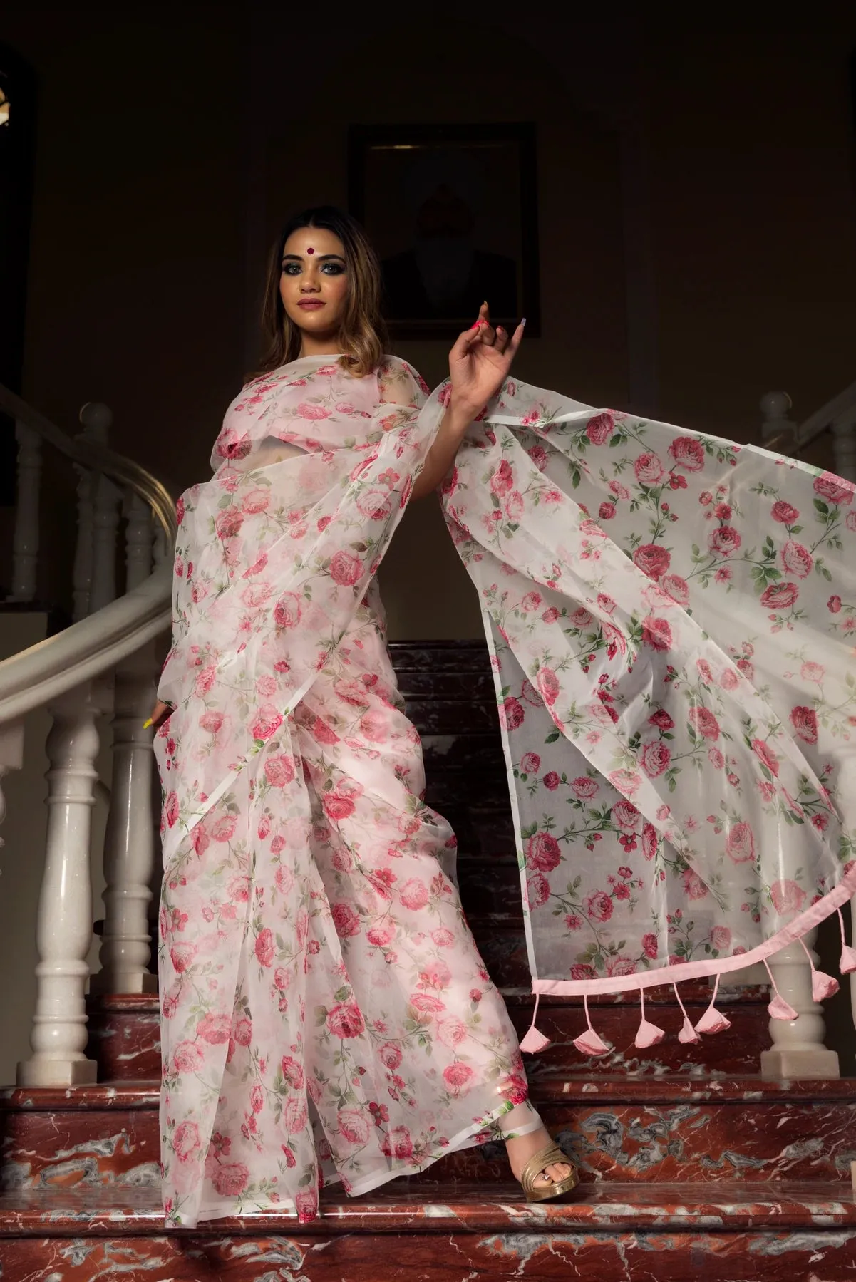 Pink & White Organza Printed Saree with Taffeta Silk Blouse