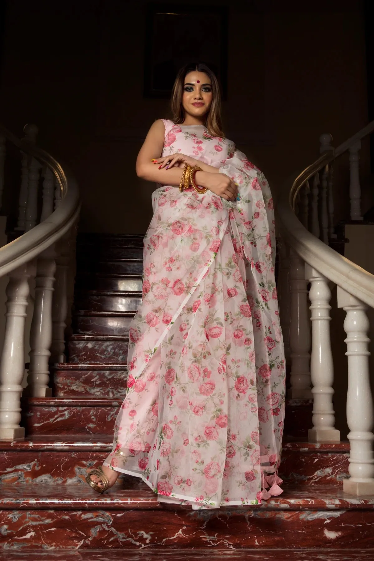 Pink & White Organza Printed Saree with Taffeta Silk Blouse