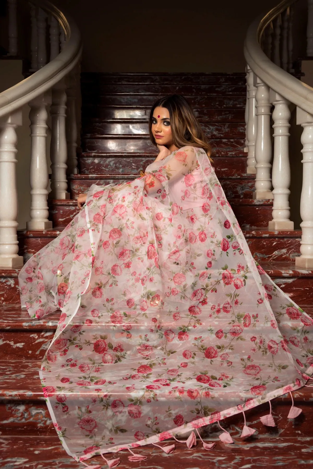 Pink & White Organza Printed Saree with Taffeta Silk Blouse