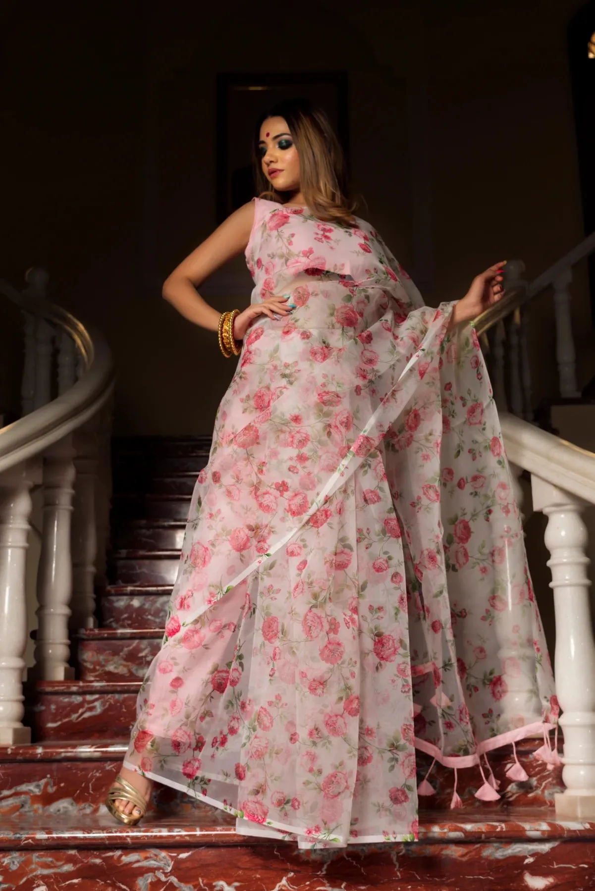 Pink & White Organza Printed Saree with Taffeta Silk Blouse