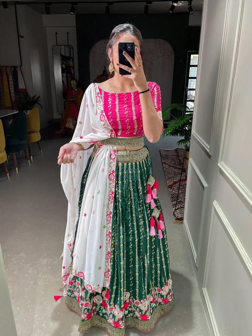 Pink And Green Georgette Embroidery Lehenga Choli