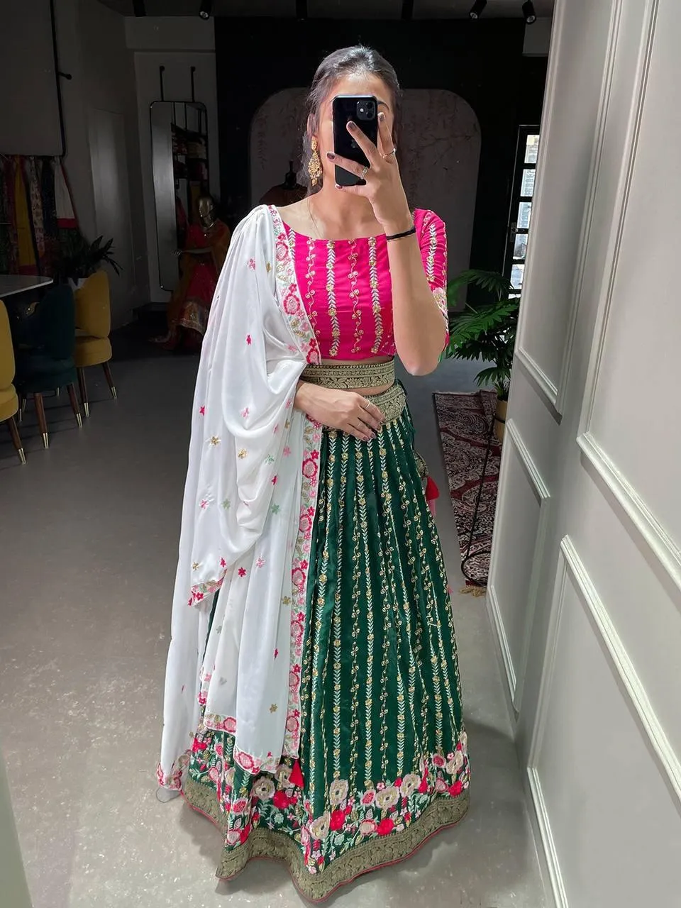 Pink And Green Georgette Embroidery Lehenga Choli