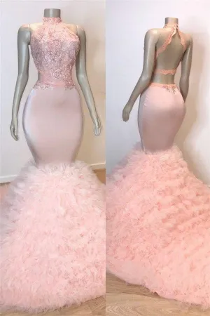 Pink Halter Sleeveless Mermaid Prom Dresses New Arrival Chic Open Back Lace Tulle Evening Gowns