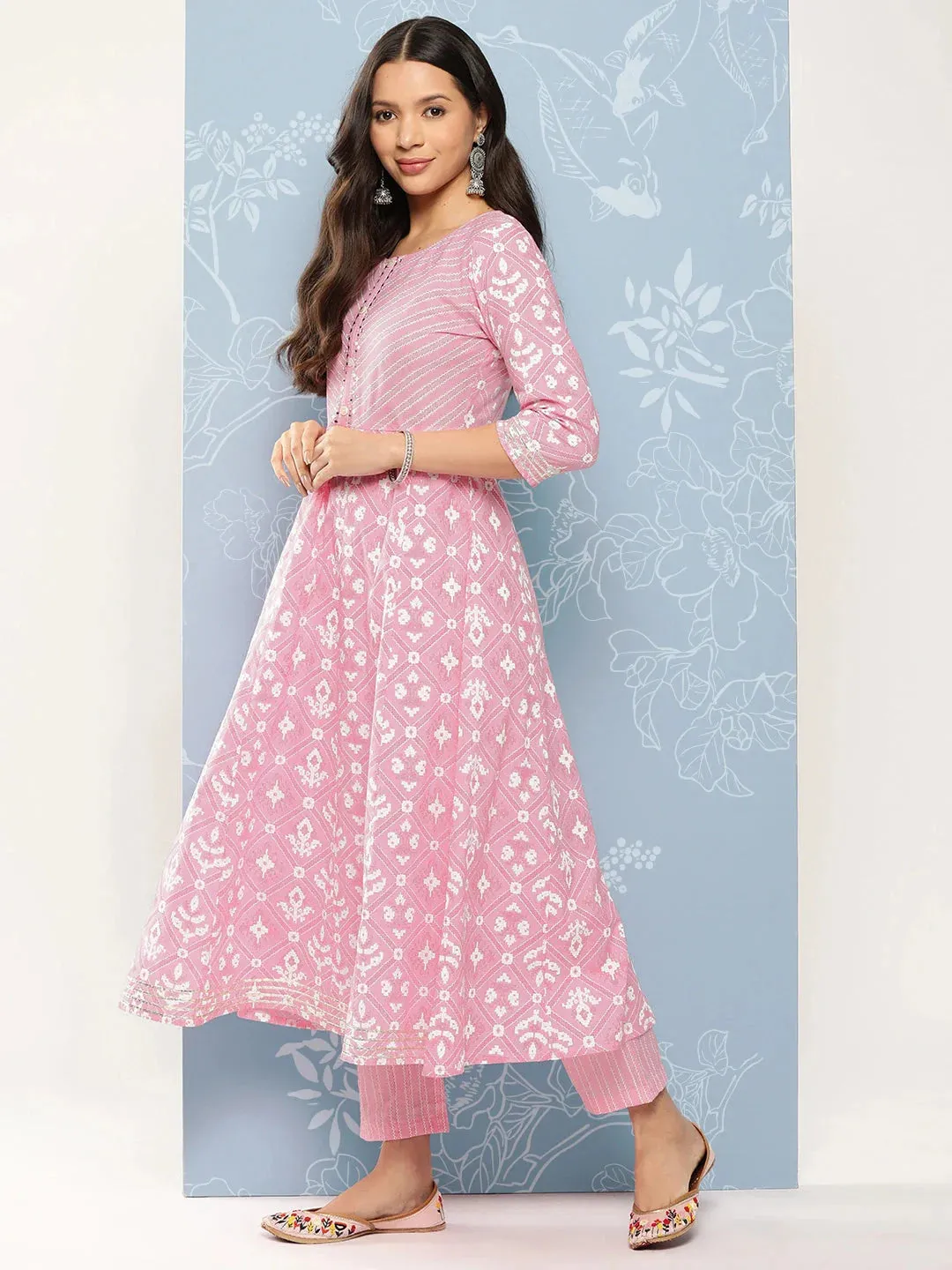 Pink Printed With Chikankari Pure Cotton Kurta With Trousers & Dupatta