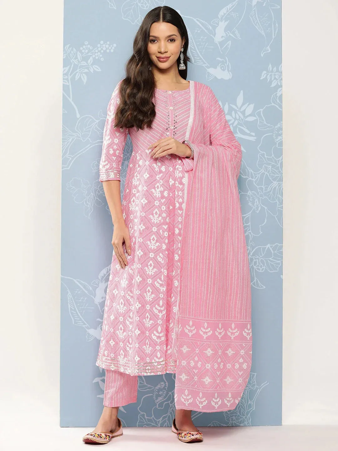 Pink Printed With Chikankari Pure Cotton Kurta With Trousers & Dupatta