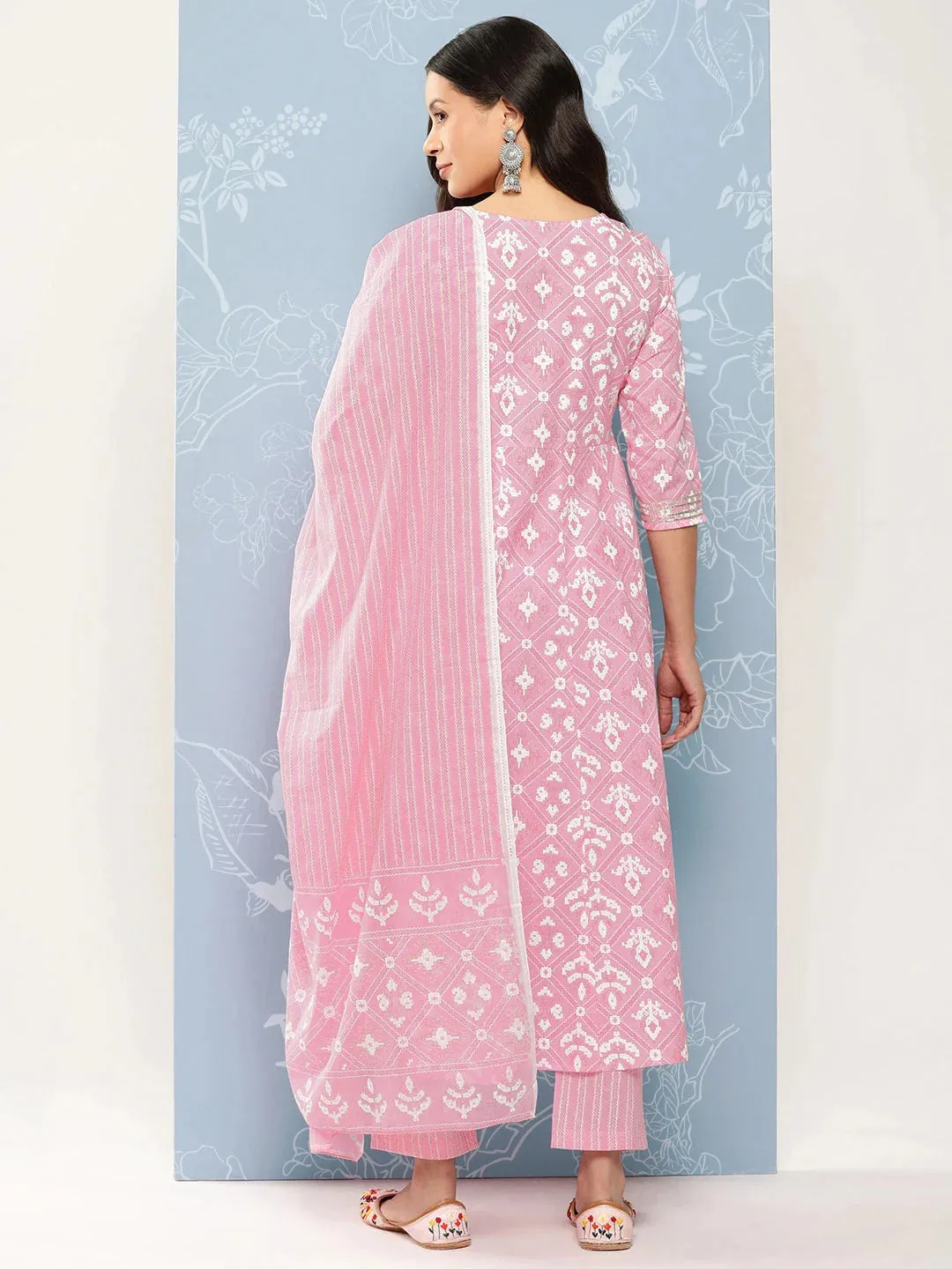 Pink Printed With Chikankari Pure Cotton Kurta With Trousers & Dupatta