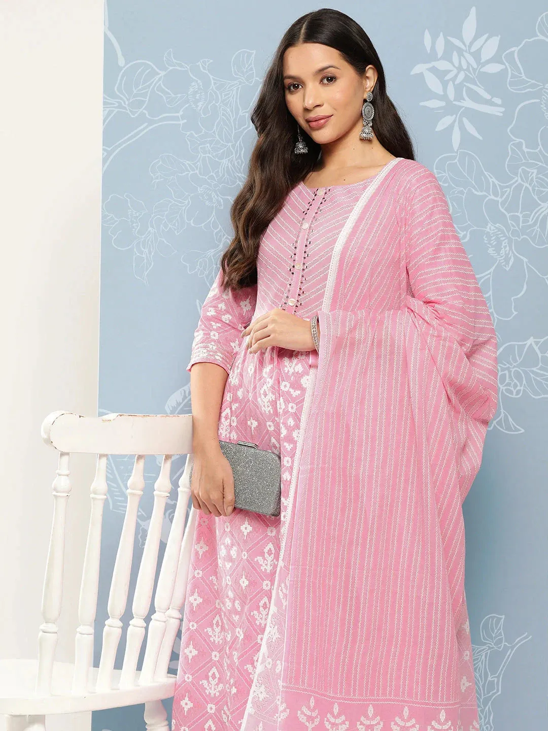 Pink Printed With Chikankari Pure Cotton Kurta With Trousers & Dupatta