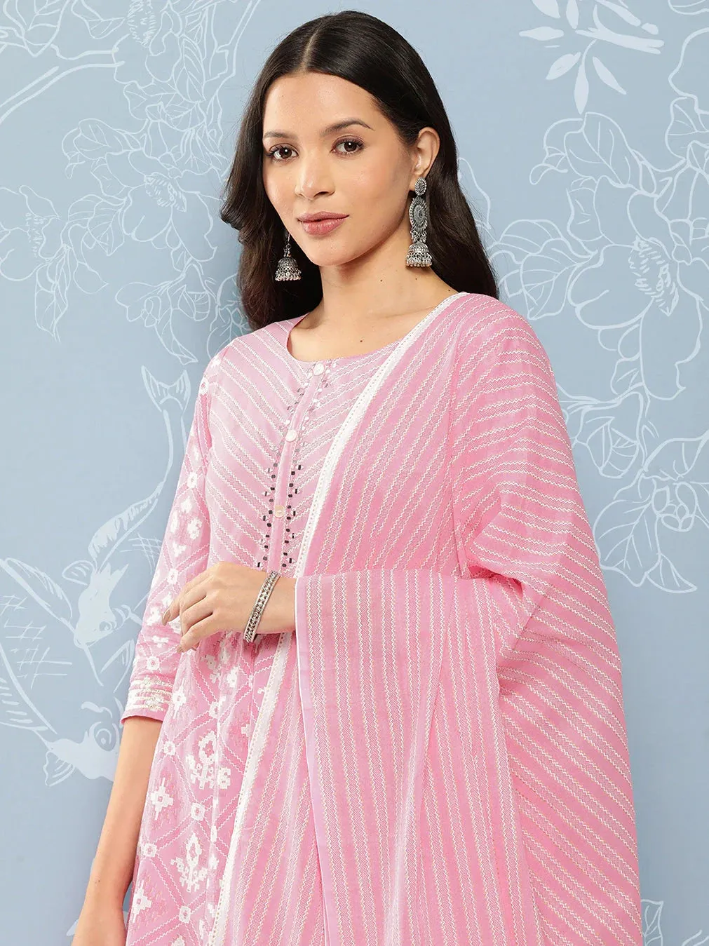 Pink Printed With Chikankari Pure Cotton Kurta With Trousers & Dupatta