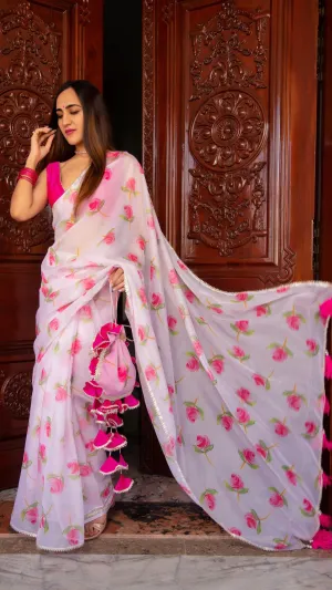 Pink Rose Flower Print Organza Saree with Tafetta Blouse