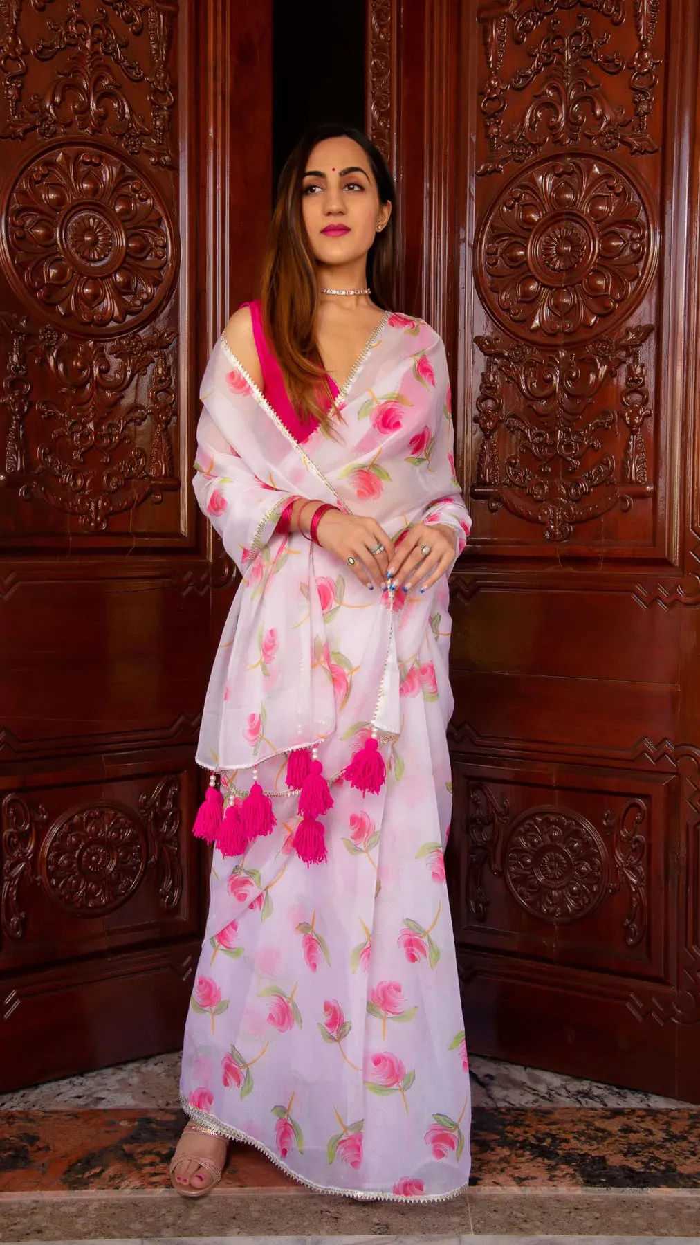 Pink Rose Flower Print Organza Saree with Tafetta Blouse