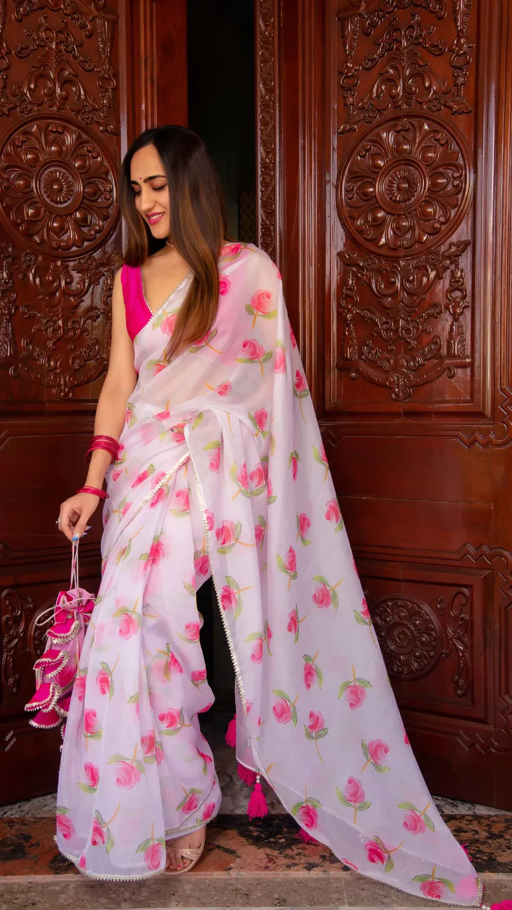 Pink Rose Flower Print Organza Saree with Tafetta Blouse