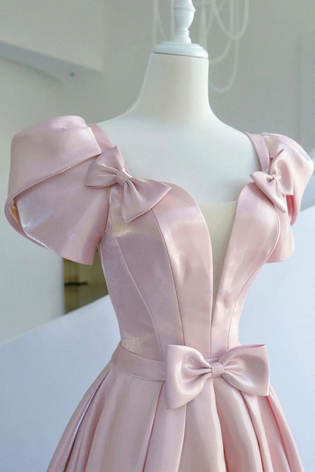 Pink Satin Long Prom Dress, A-Line Evening Dress with Bow