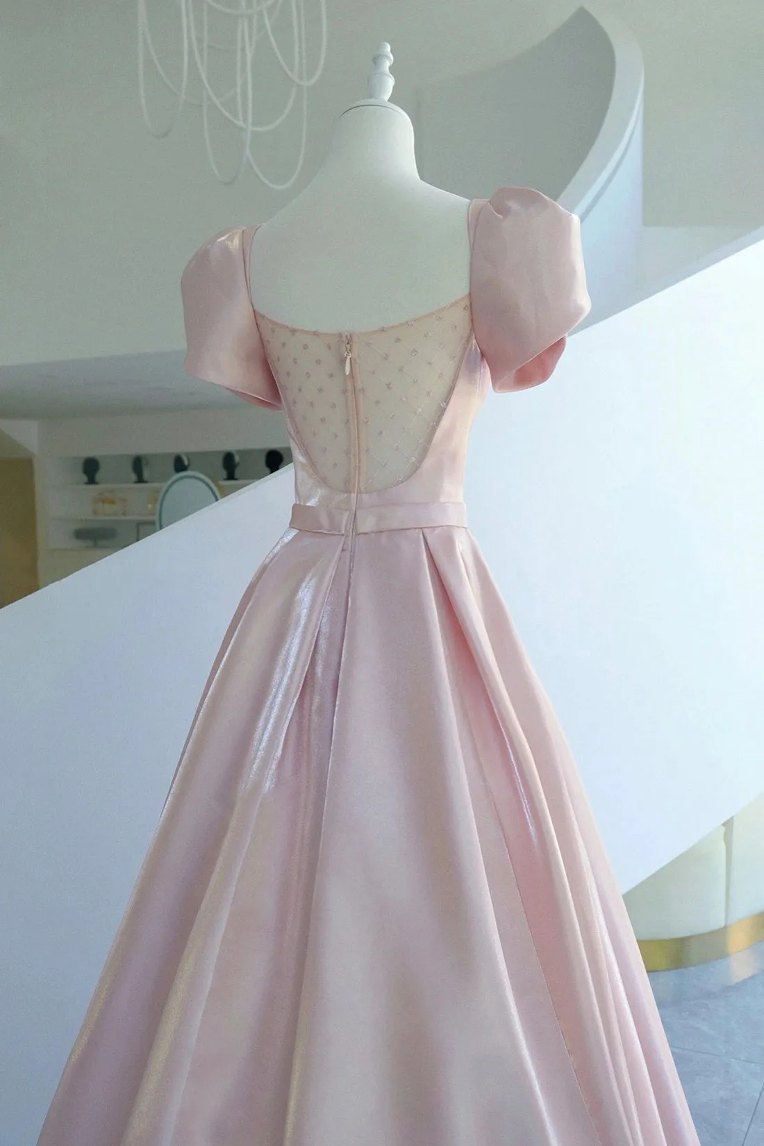 Pink Satin Long Prom Dress, A-Line Evening Dress with Bow