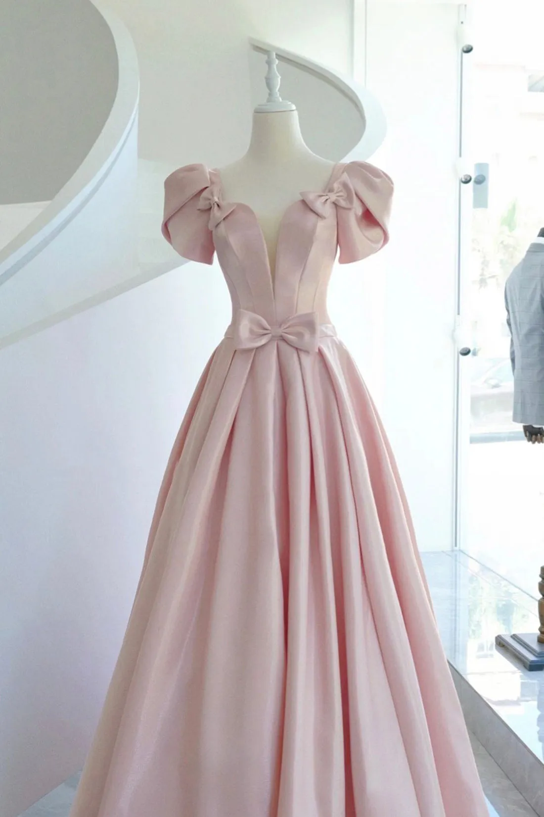 Pink Satin Long Prom Dress, A-Line Evening Dress with Bow