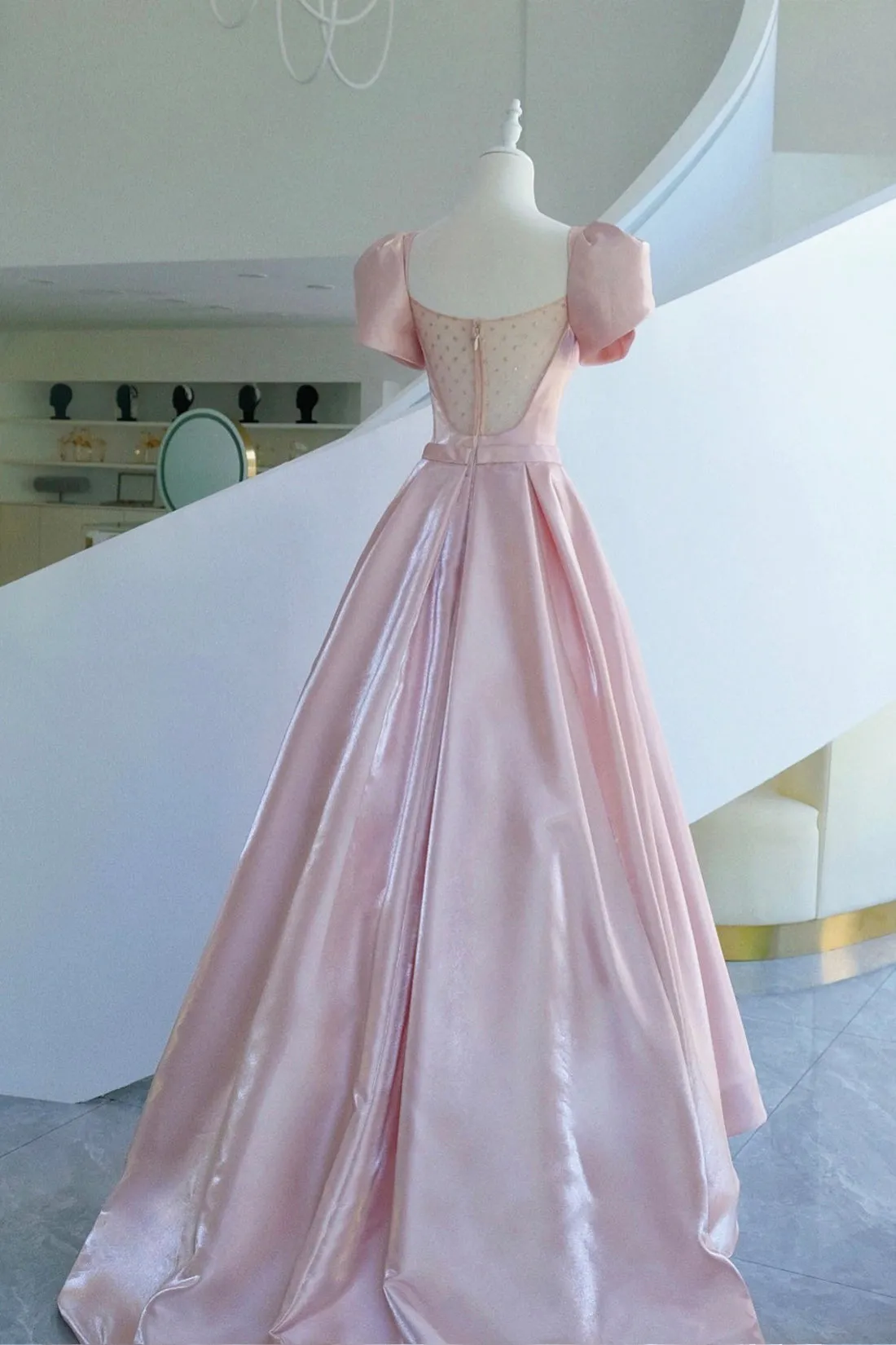 Pink Satin Long Prom Dress, A-Line Evening Dress with Bow