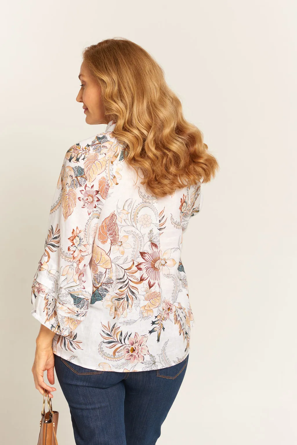 Pleat Sleeve Linen Blouse Western Feather