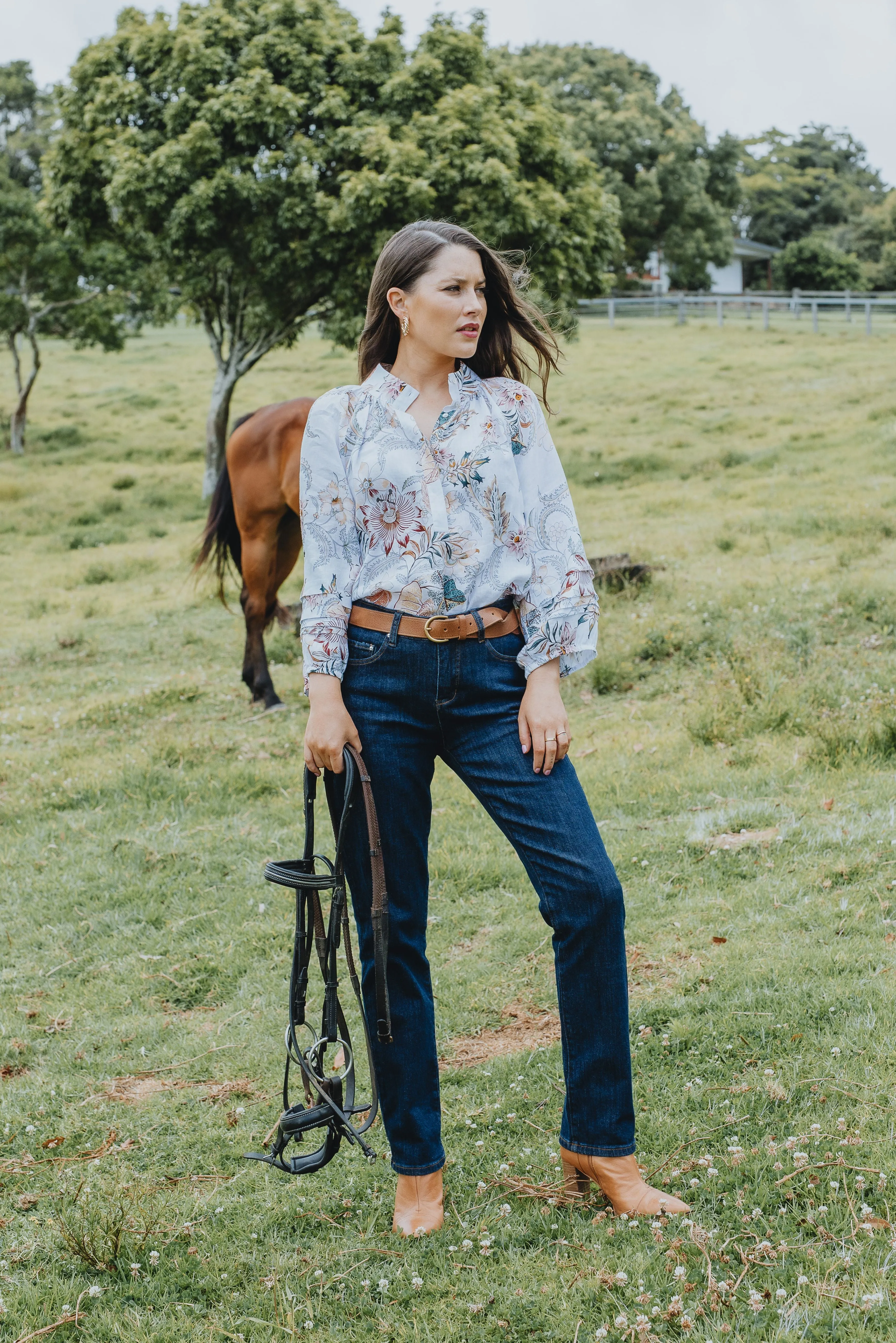 Pleat Sleeve Linen Blouse Western Feather