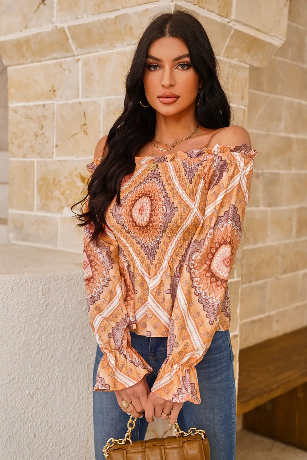 Printed Off-Shoulder Smocked Flounce Sleeve Blouse