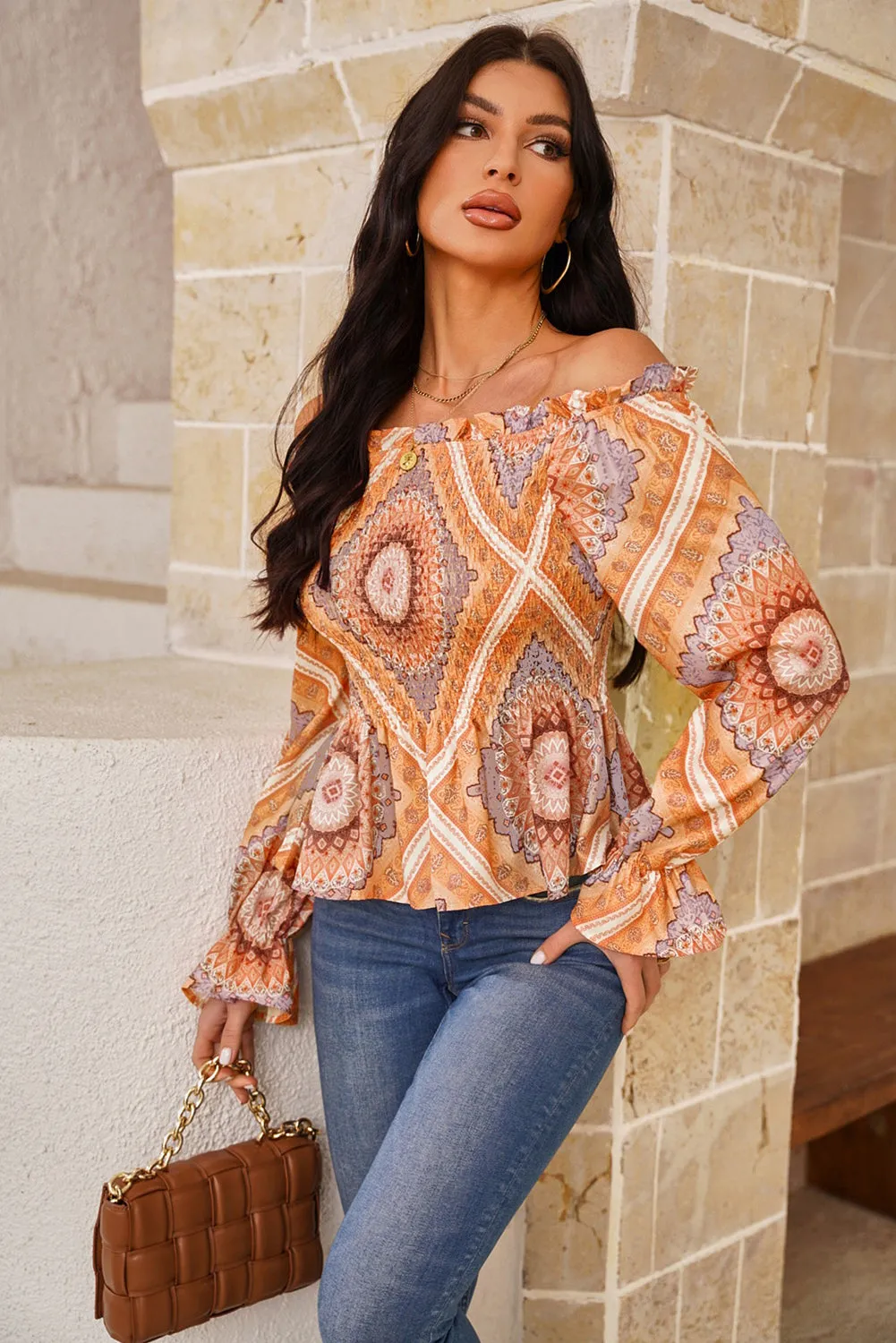 Printed Off-Shoulder Smocked Flounce Sleeve Blouse