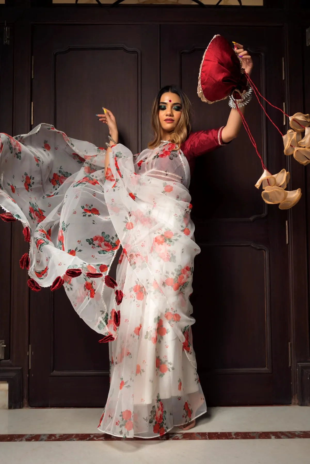 Red & White Organza Printed Saree with Taffeta Silk Blouse