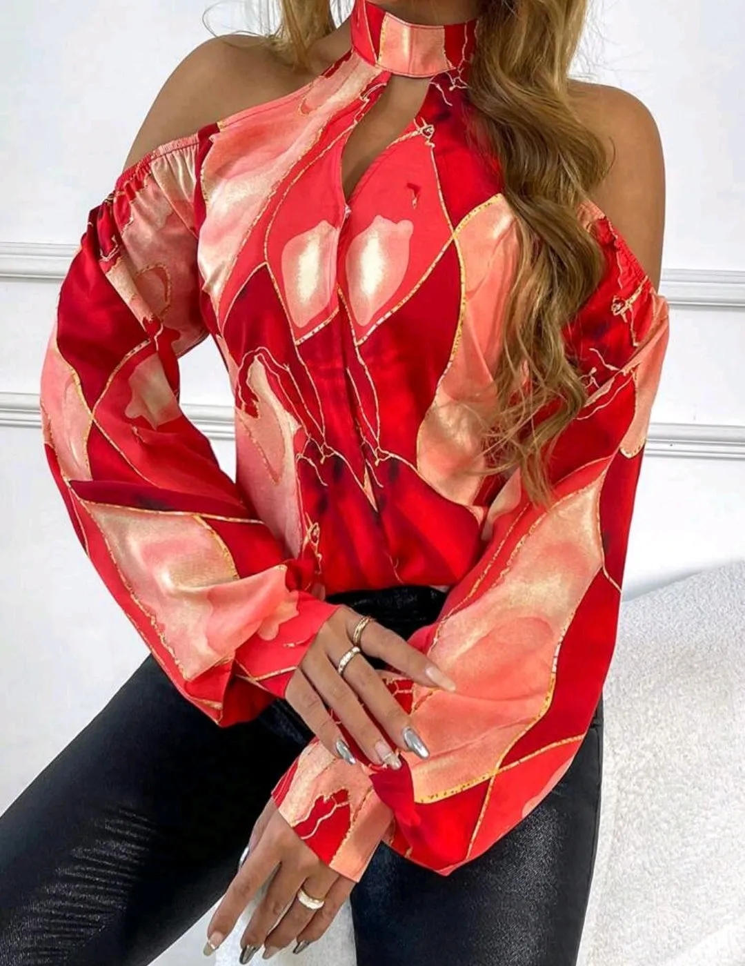 Red Off Shoulder Marble Printed Blouse