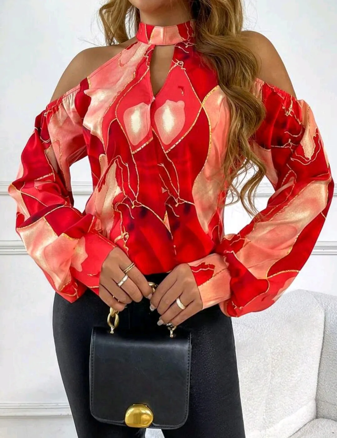 Red Off Shoulder Marble Printed Blouse