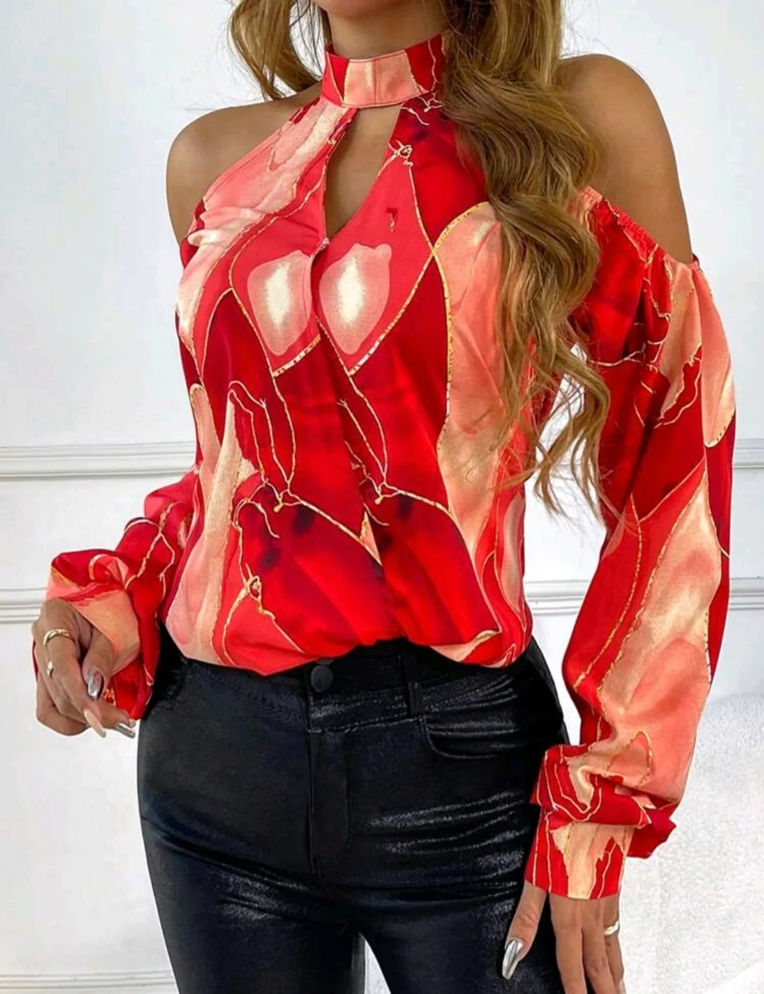 Red Off Shoulder Marble Printed Blouse