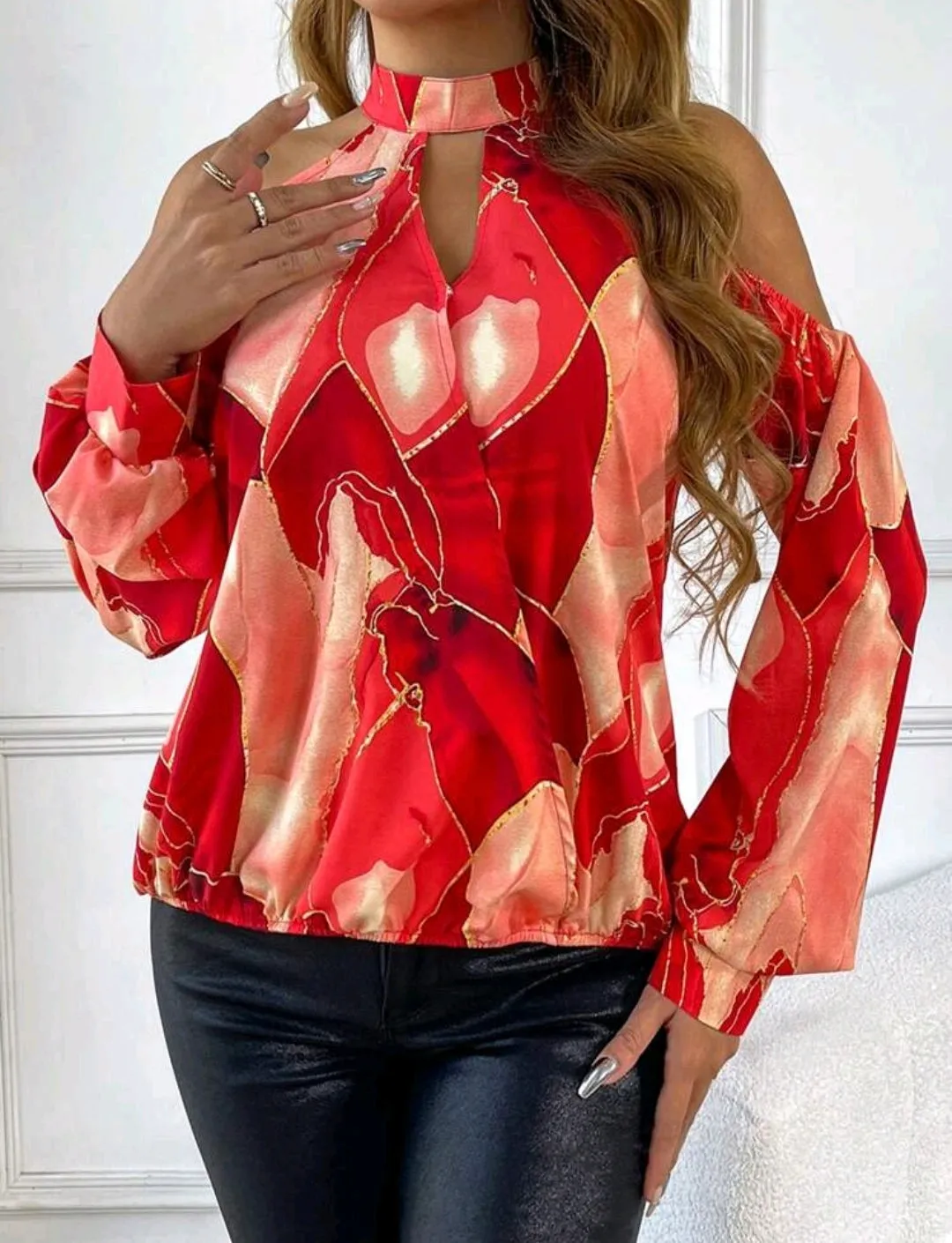 Red Off Shoulder Marble Printed Blouse