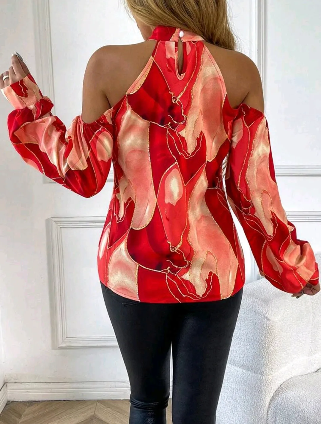 Red Off Shoulder Marble Printed Blouse