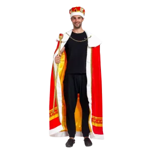 Regal King Royal Robe Cosplay Costume Set with King Crown and Scepter Red - Adult