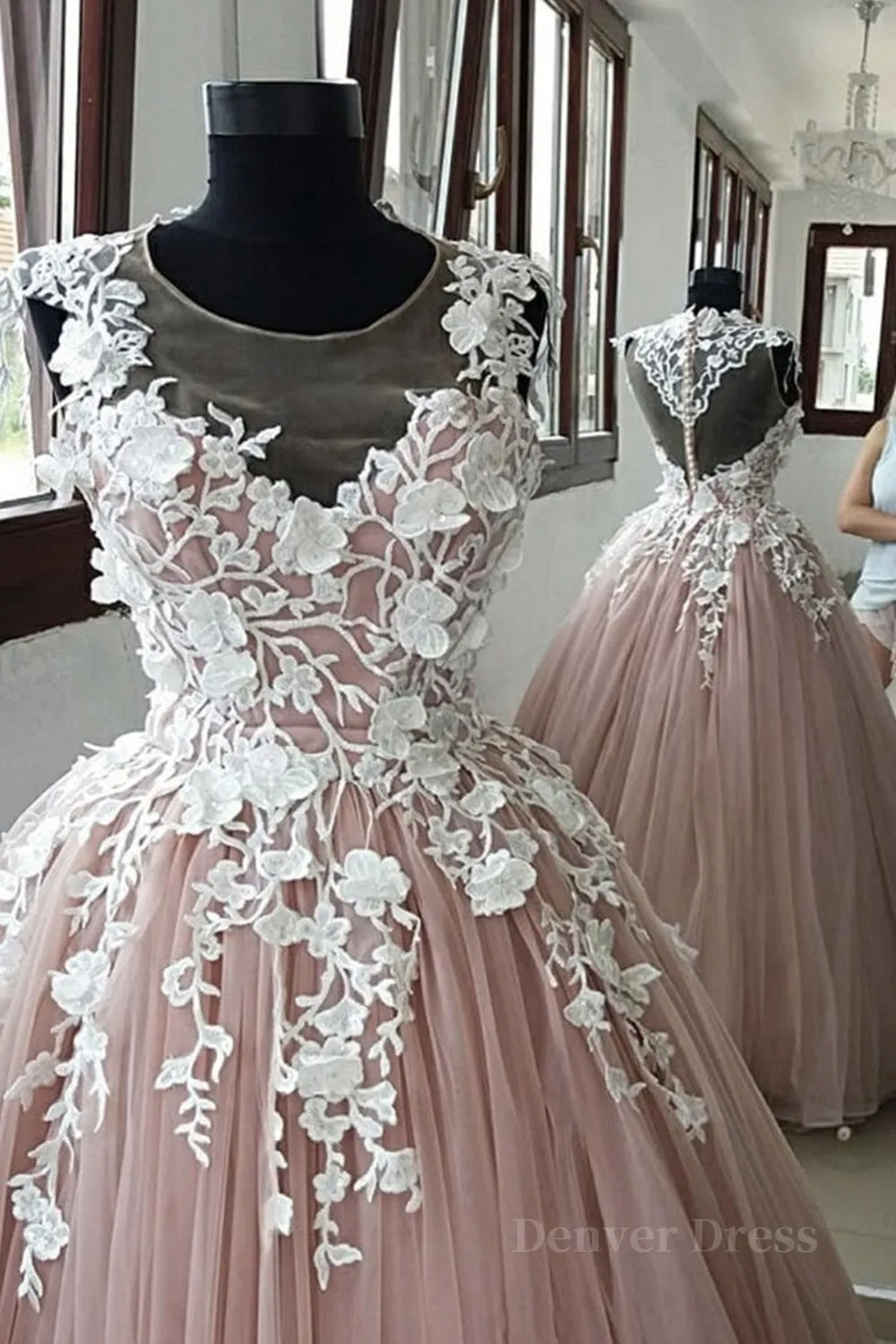 Round Neck Pink Lace Long Prom Gown Long Pink Lace Prom Formal Evening Dress Pink Ball Gown