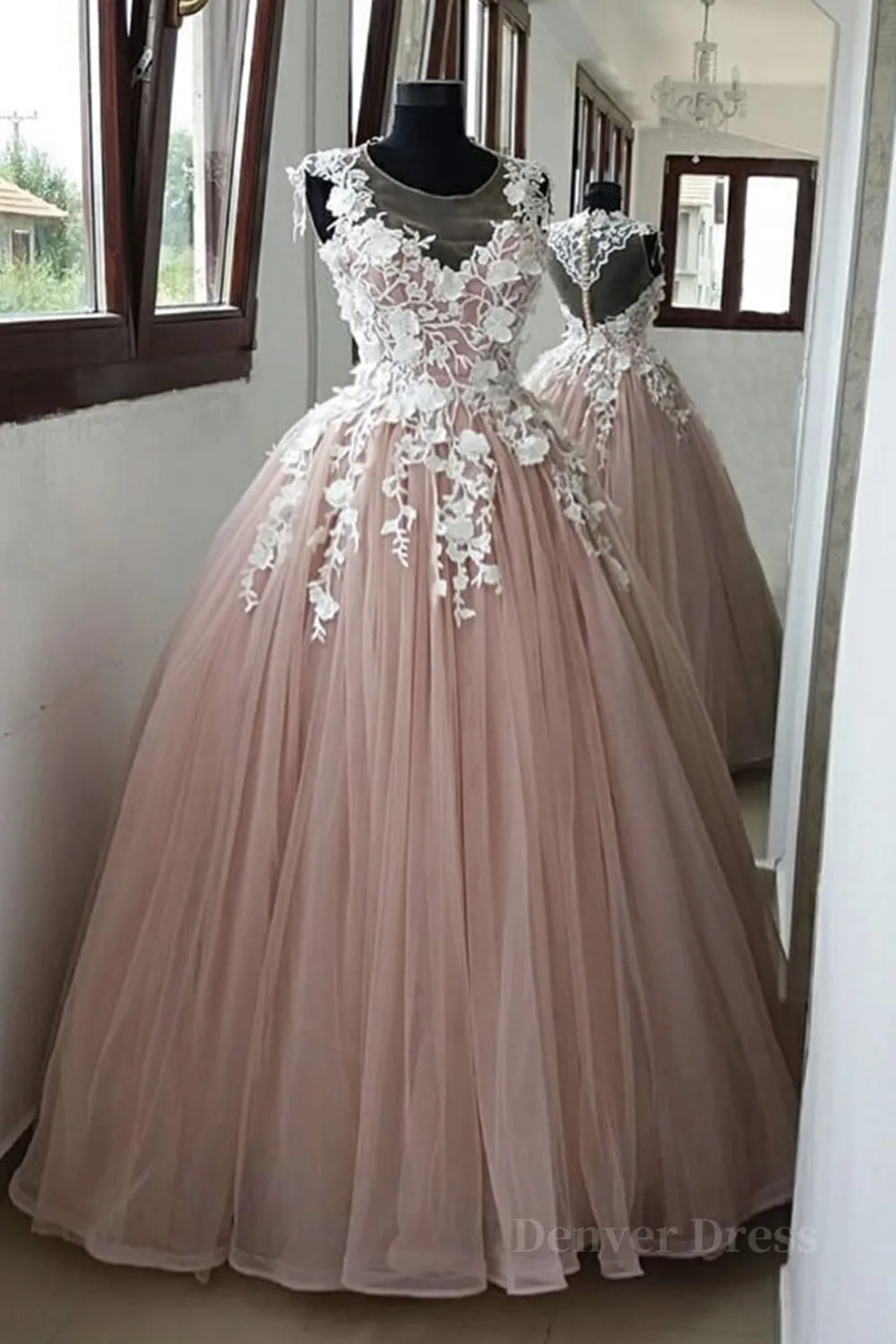 Round Neck Pink Lace Long Prom Gown Long Pink Lace Prom Formal Evening Dress Pink Ball Gown